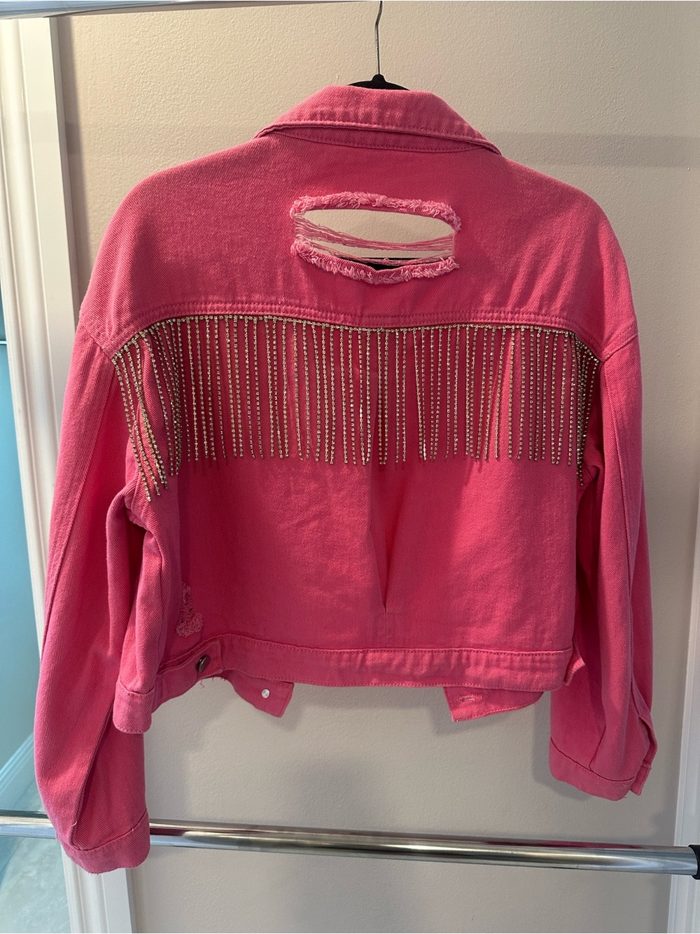 Pink Rhinestone Fringe Cropped Denim Jacket